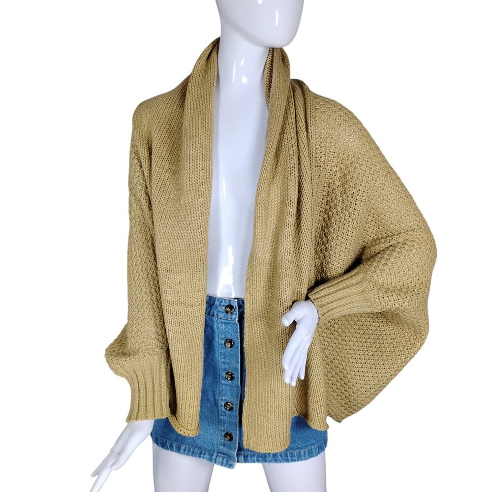 Chunky Knit Cuffed Shawl Baggy One Size Fits Most Long Sleeve Light Brown